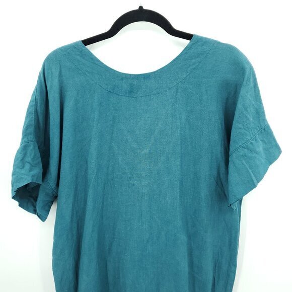 Len.Ok 100% Linen Relaxed Fit V-Neck Short Sleeve Dress M Blue/Green/Teal - Picture 10 of 14